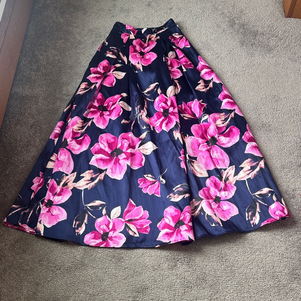 Speechless Navy Pink Floral A-Line Midi Skirt Pleated SIZE 1